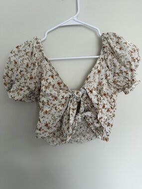Floral Tie-Front Puff Sleeve Crop Top — Cream with Brown Floral